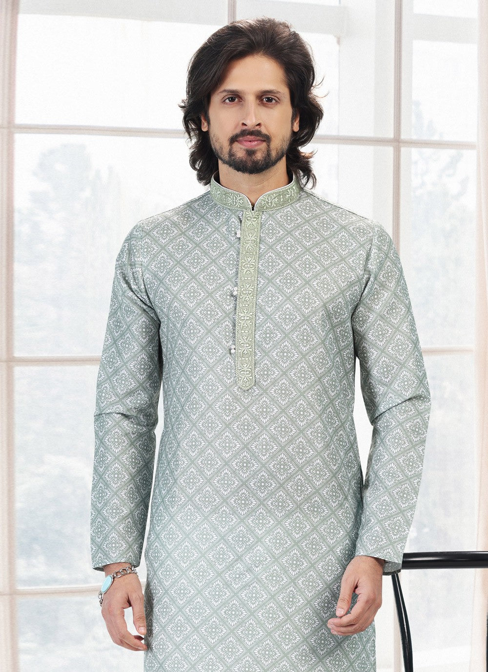 Fancy Work Cotton Green Kurta Pyjama - M5130