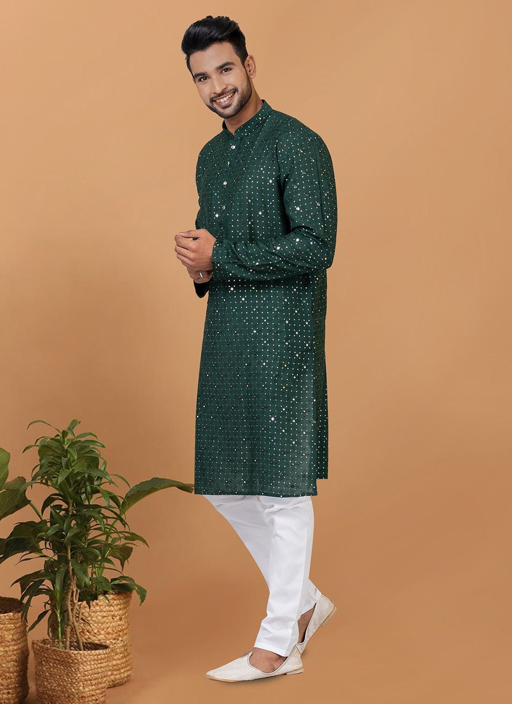 Embroidered Cotton , Viscose Green Kurta Pyjama - M6248