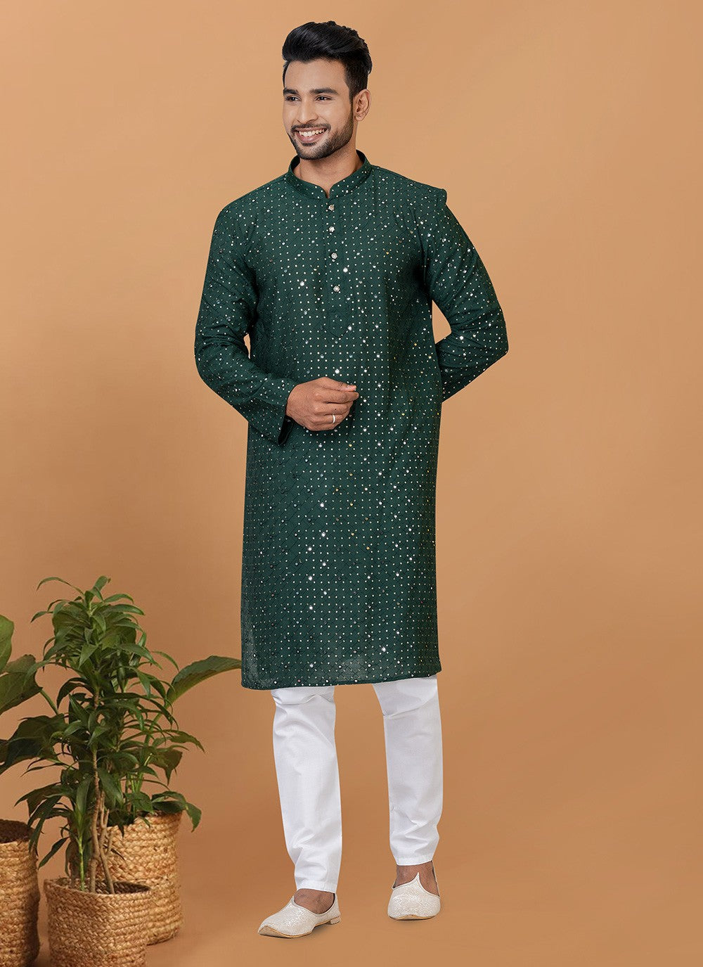 Embroidered Cotton , Viscose Green Kurta Pyjama - M6248