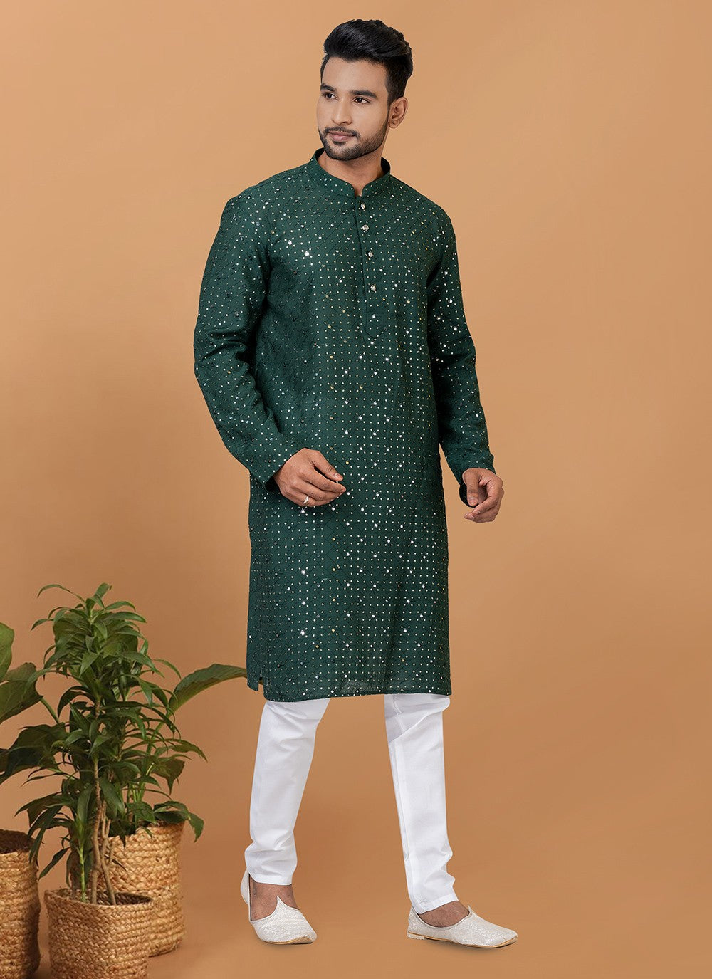 Embroidered Cotton , Viscose Green Kurta Pyjama - M6248