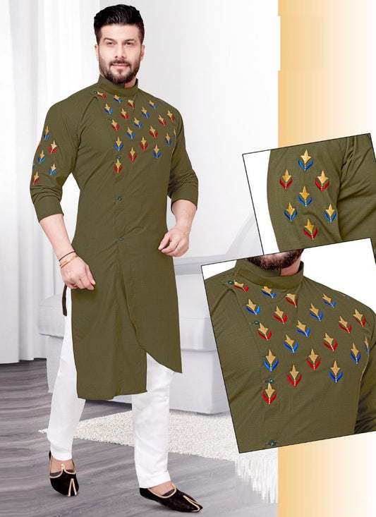 Resham Cotton Green Kurta Pyjama - M2192