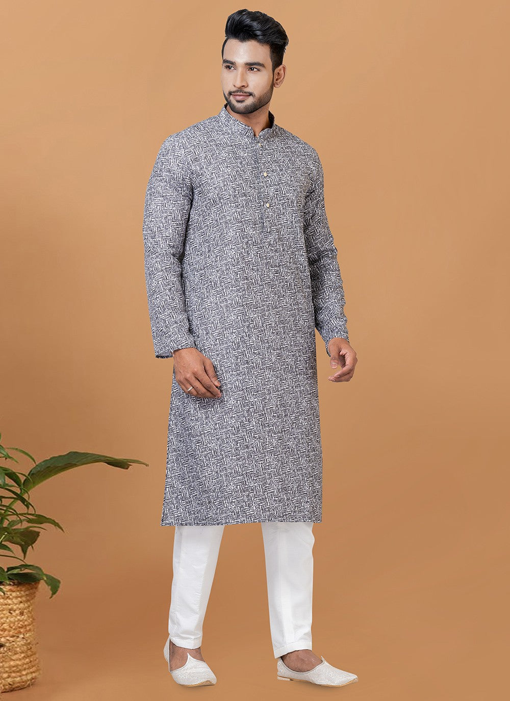 Digital Print Cotton Grey Kurta Pyjama - M5926