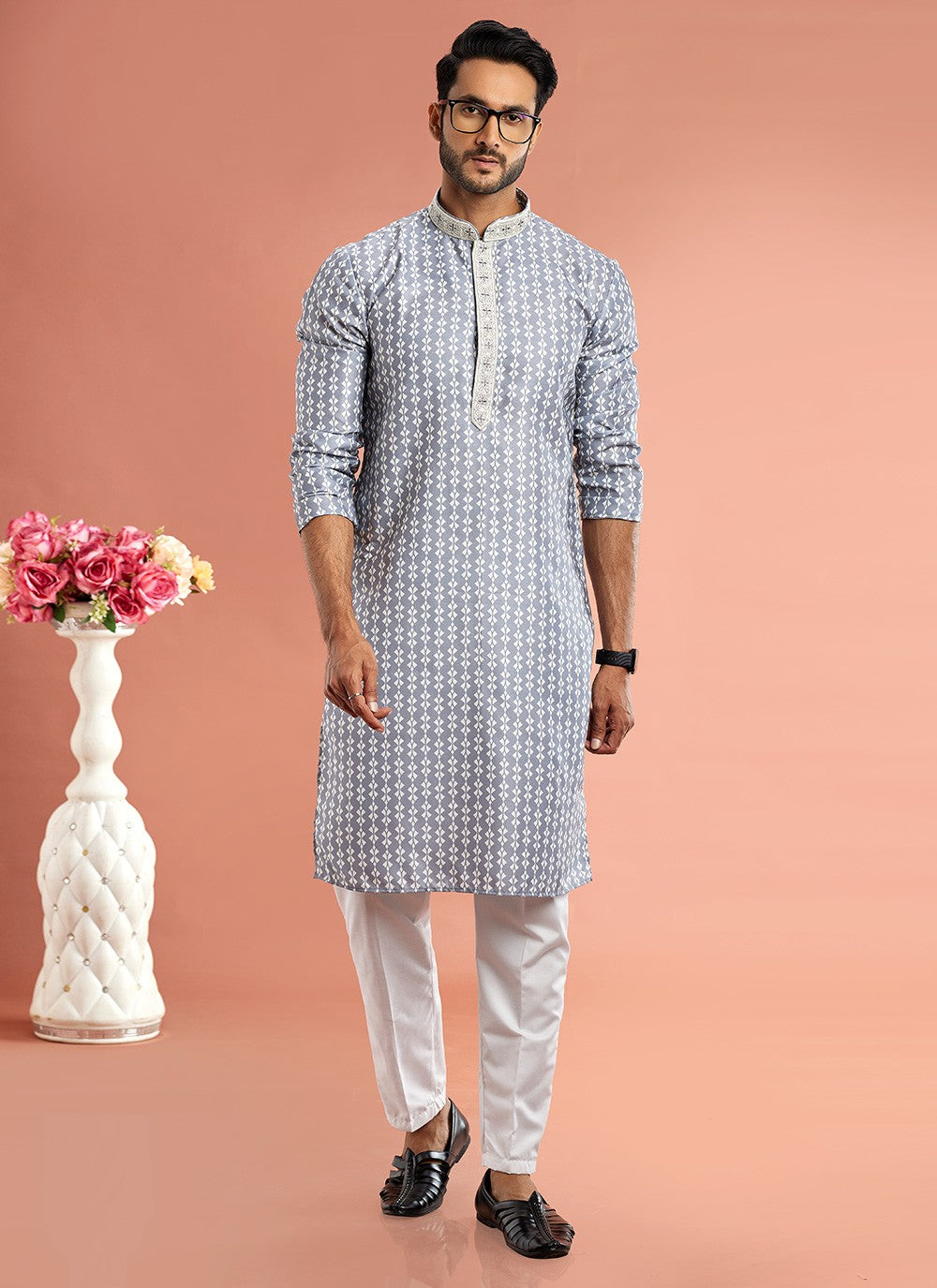 Digital Print Cotton Grey Kurta Pyjama - M7077