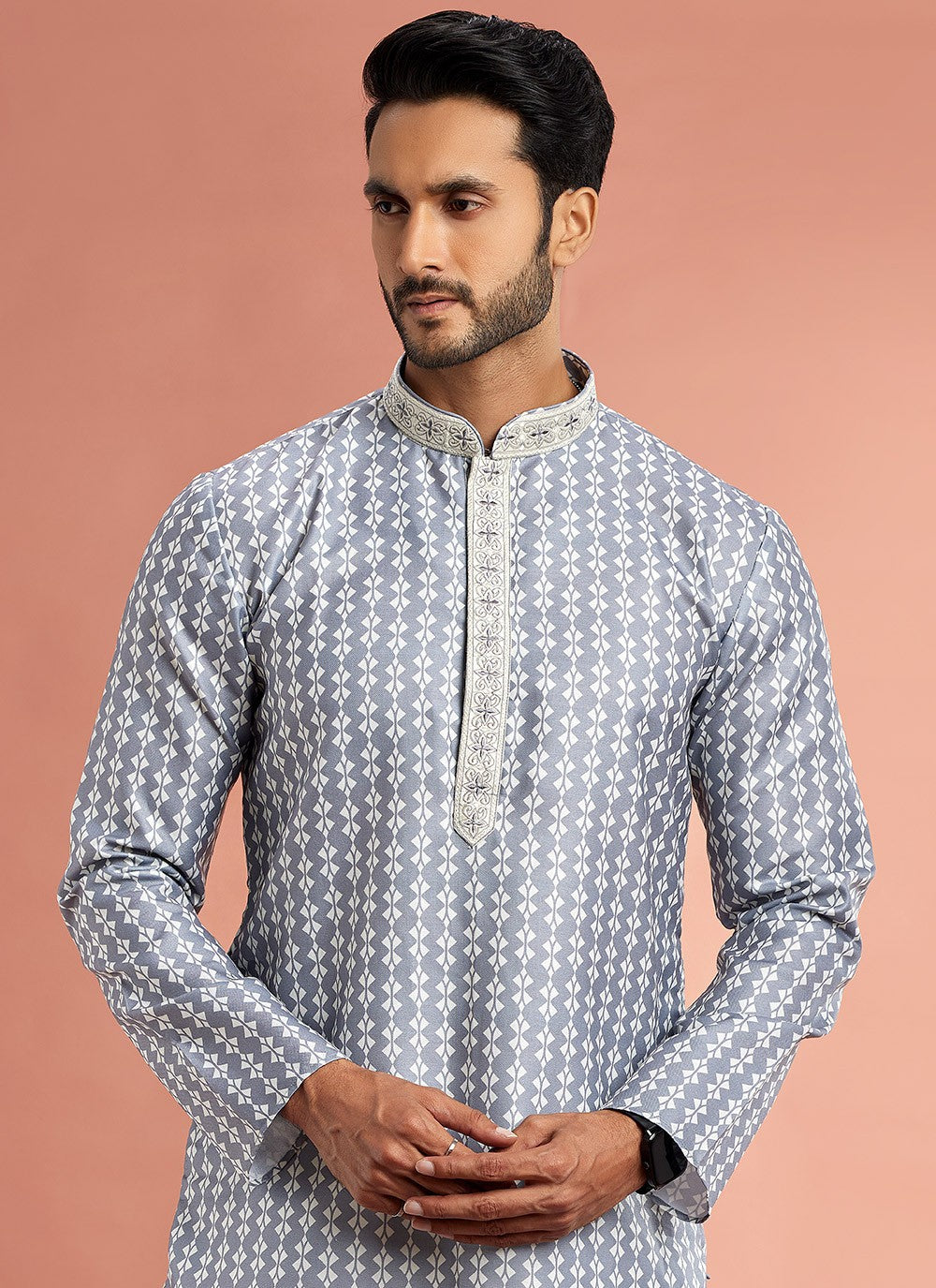 Digital Print Cotton Grey Kurta Pyjama - M7077