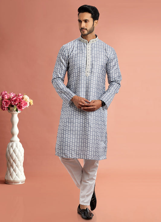 Digital Print Cotton Grey Kurta Pyjama - M7077