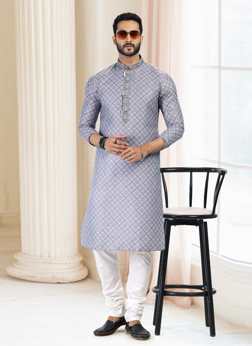 Fancy Work Cotton Grey Kurta Pyjama - M5131