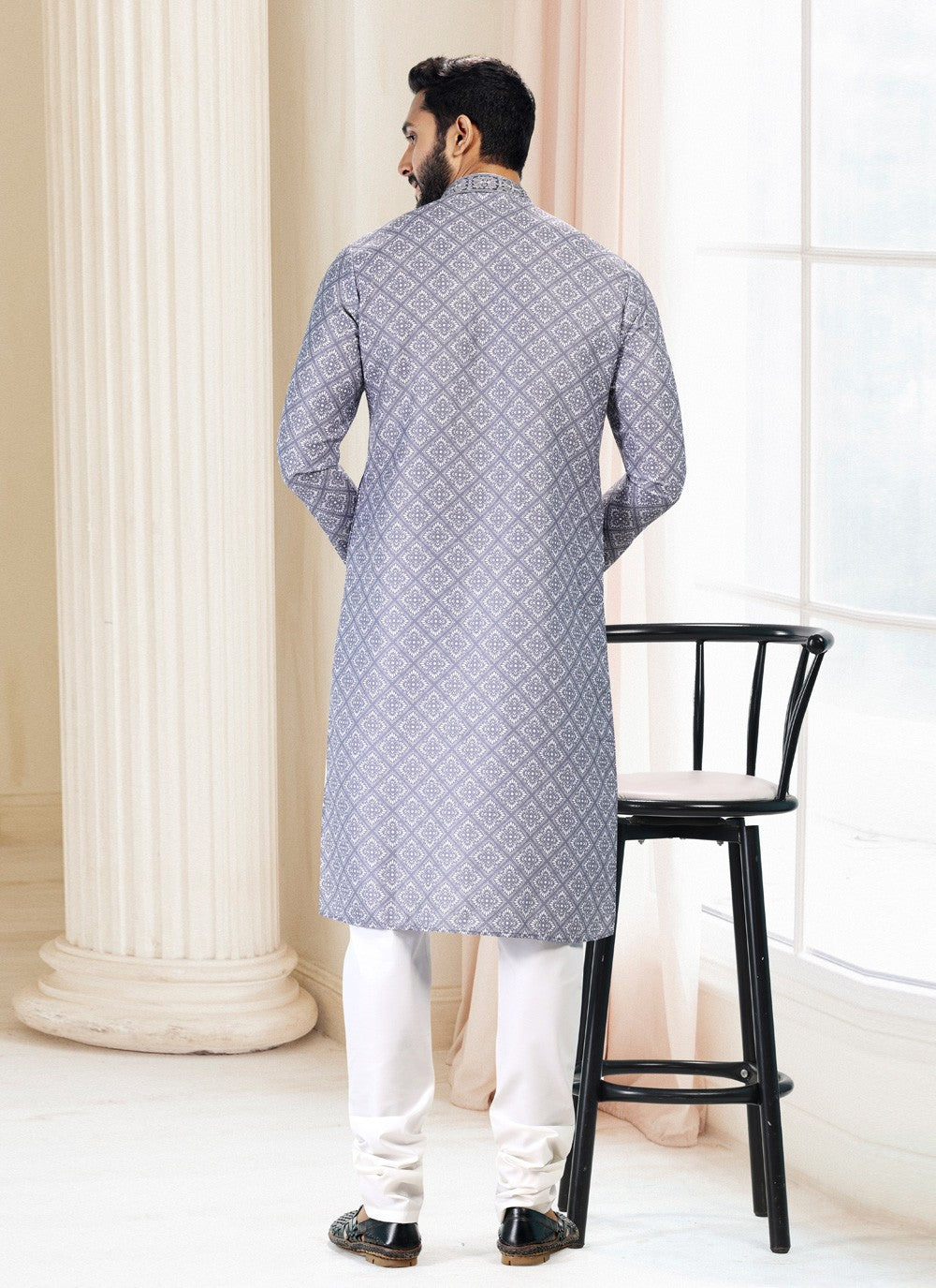 Fancy Work Cotton Grey Kurta Pyjama - M5131