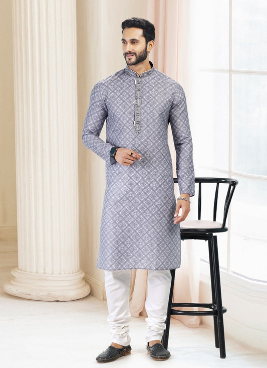 Fancy Work Cotton Grey Kurta Pyjama - M5131