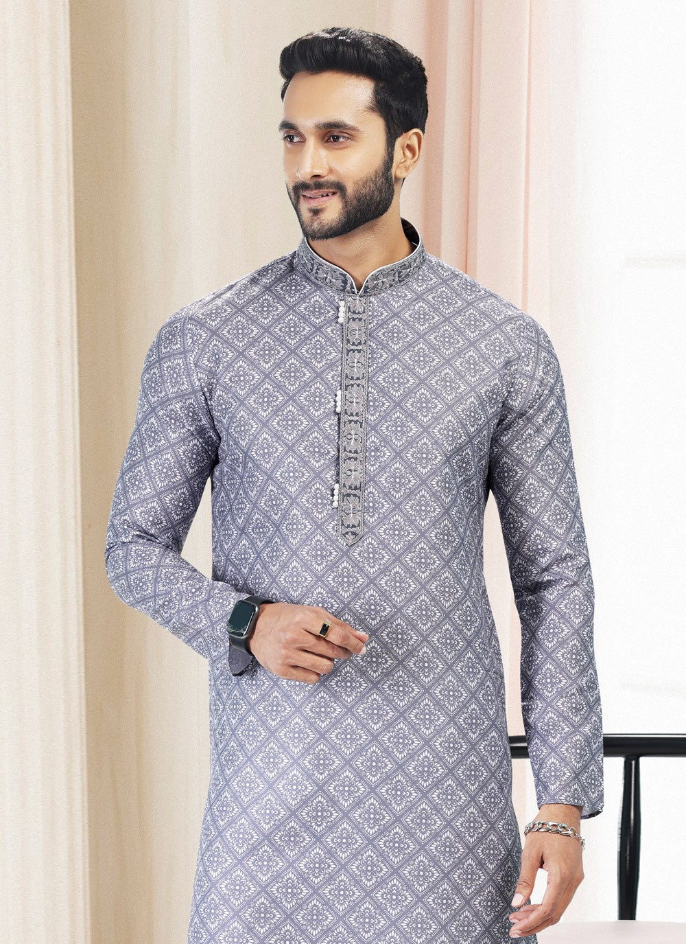 Fancy Work Cotton Grey Kurta Pyjama - M5131