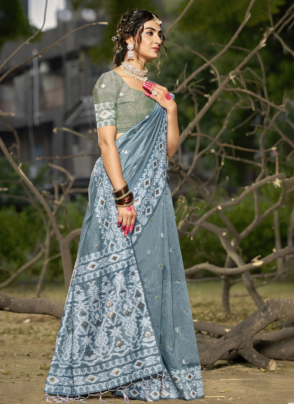 Classic Printed Cotton , Linen Saree - S9780