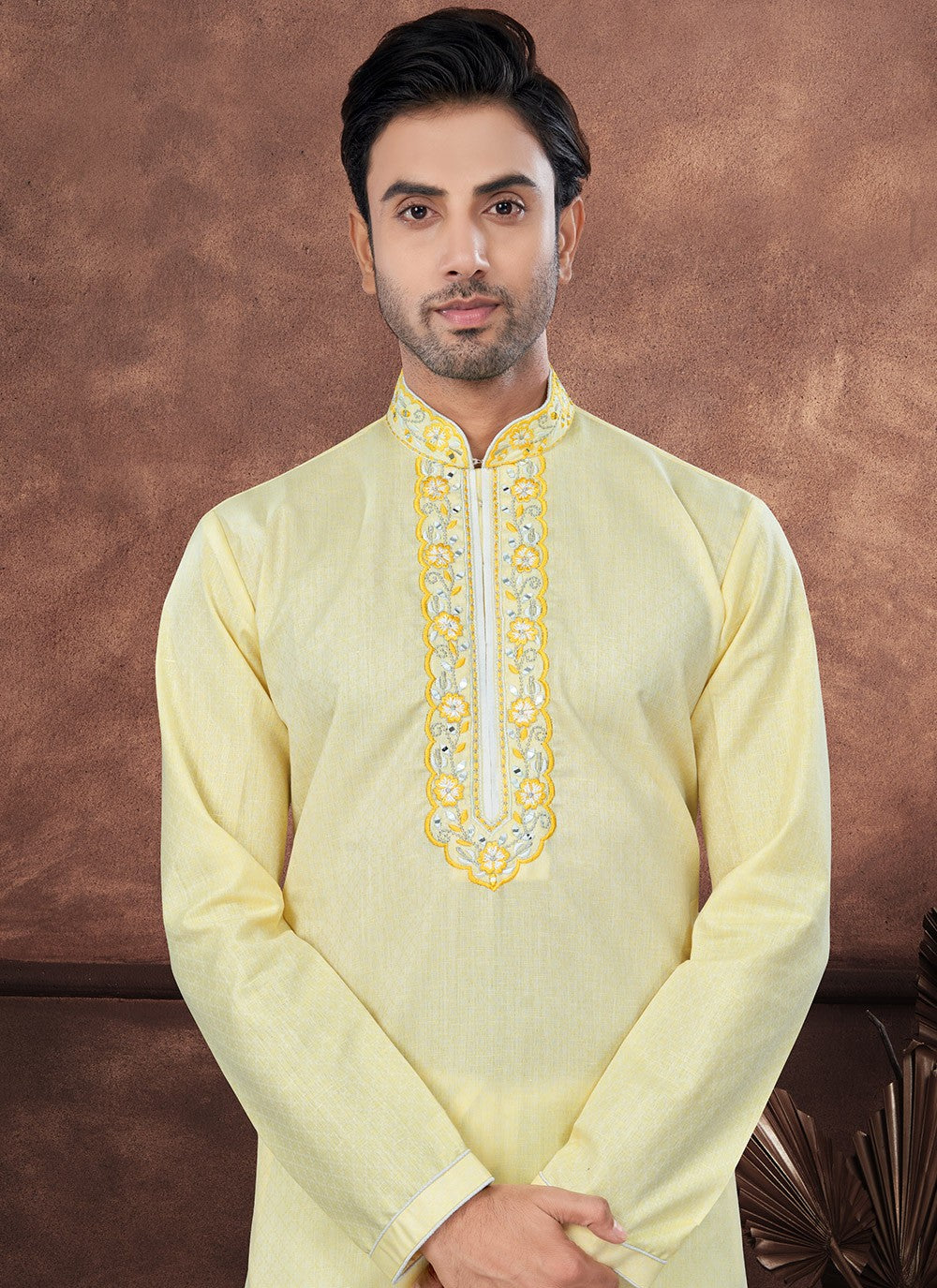 Embroidered Cotton Yellow Kurta Pyjama - M8707