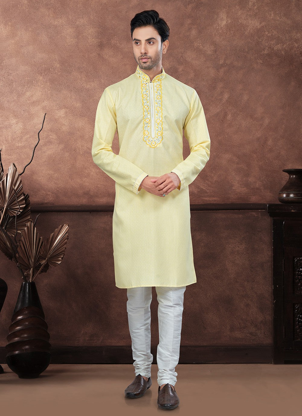 Embroidered Cotton Yellow Kurta Pyjama - M8707