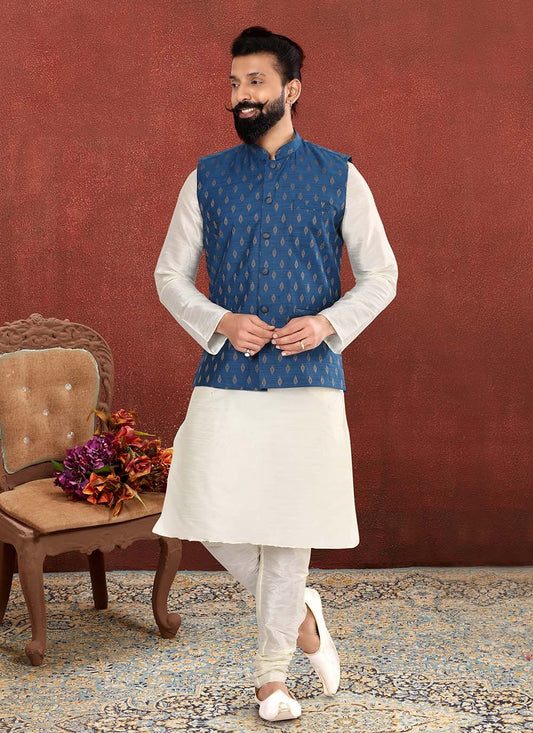 Jacquard Work Cotton Blue, Off White Kurta Payjama With Jacket - M2560