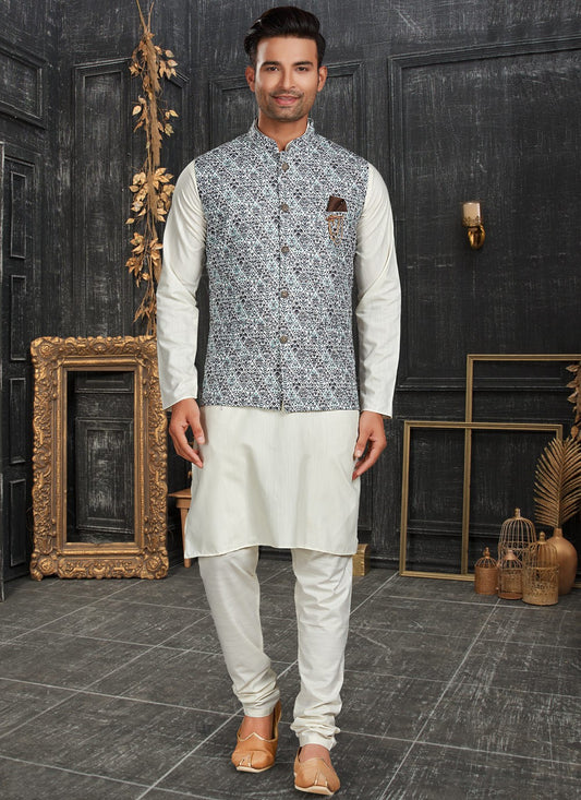 Chicken Cotton Multi Colour, Off White Kurta Payjama With Jacket - M4627