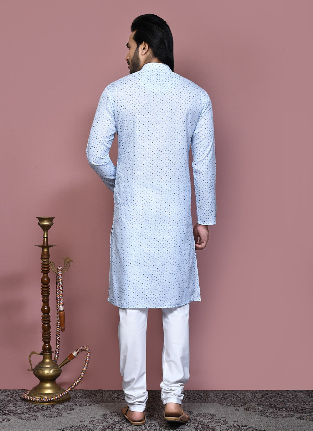 Printed Cotton Aqua Blue Kurta Pyjama - M7916