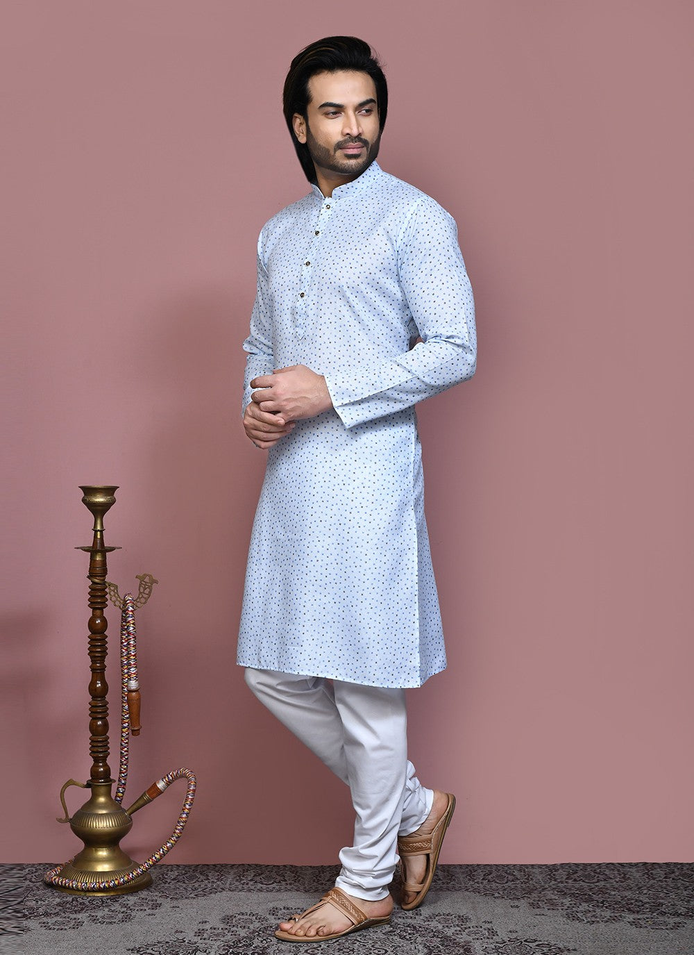 Printed Cotton Aqua Blue Kurta Pyjama - M7916