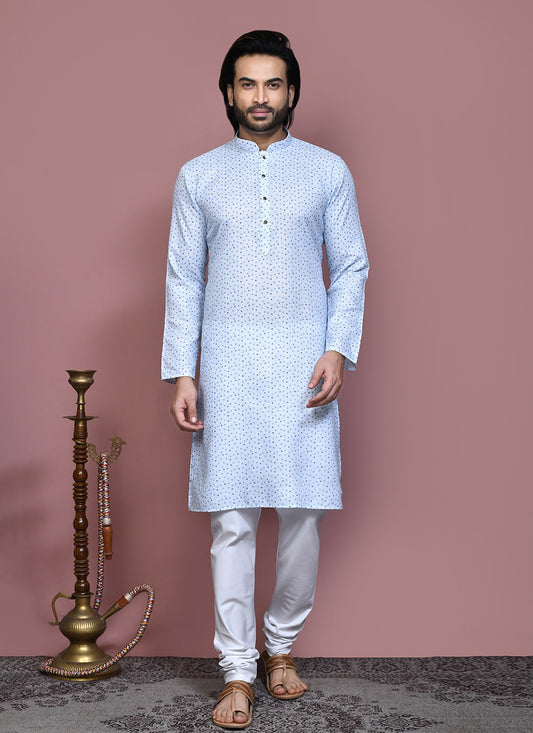 Printed Cotton Aqua Blue Kurta Pyjama - M7916