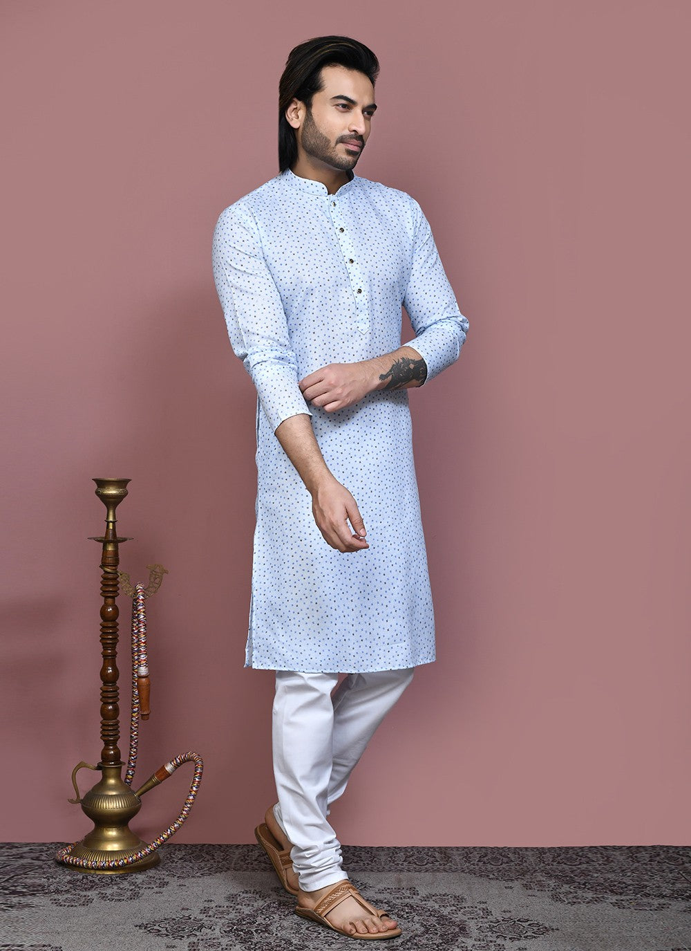 Printed Cotton Aqua Blue Kurta Pyjama - M7916