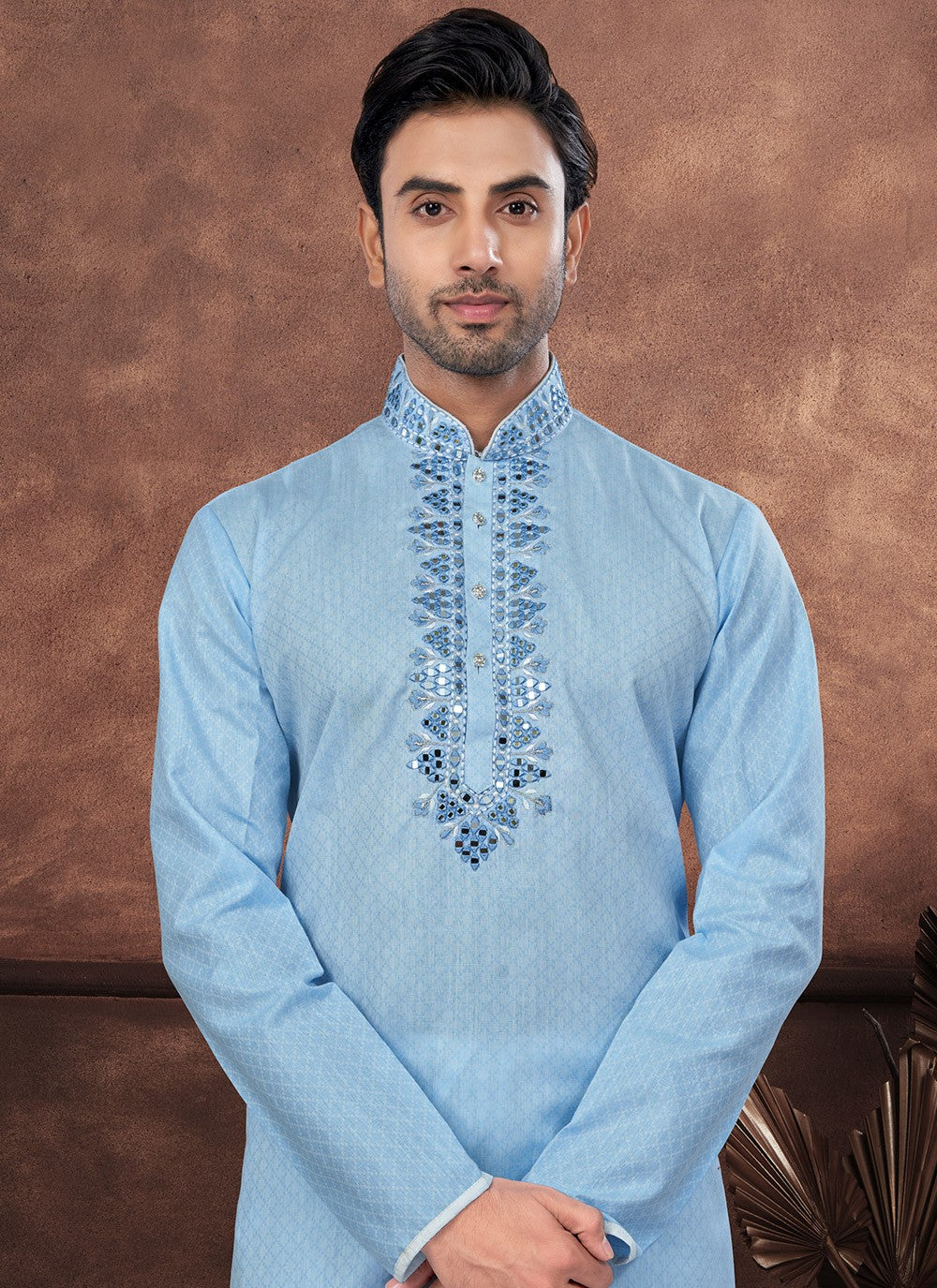 Embroidered Cotton Aqua Blue Kurta Pyjama - M8708