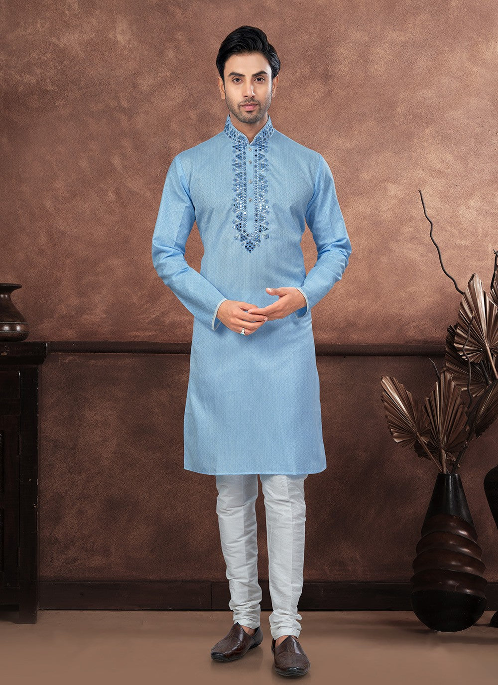 Embroidered Cotton Aqua Blue Kurta Pyjama - M8708