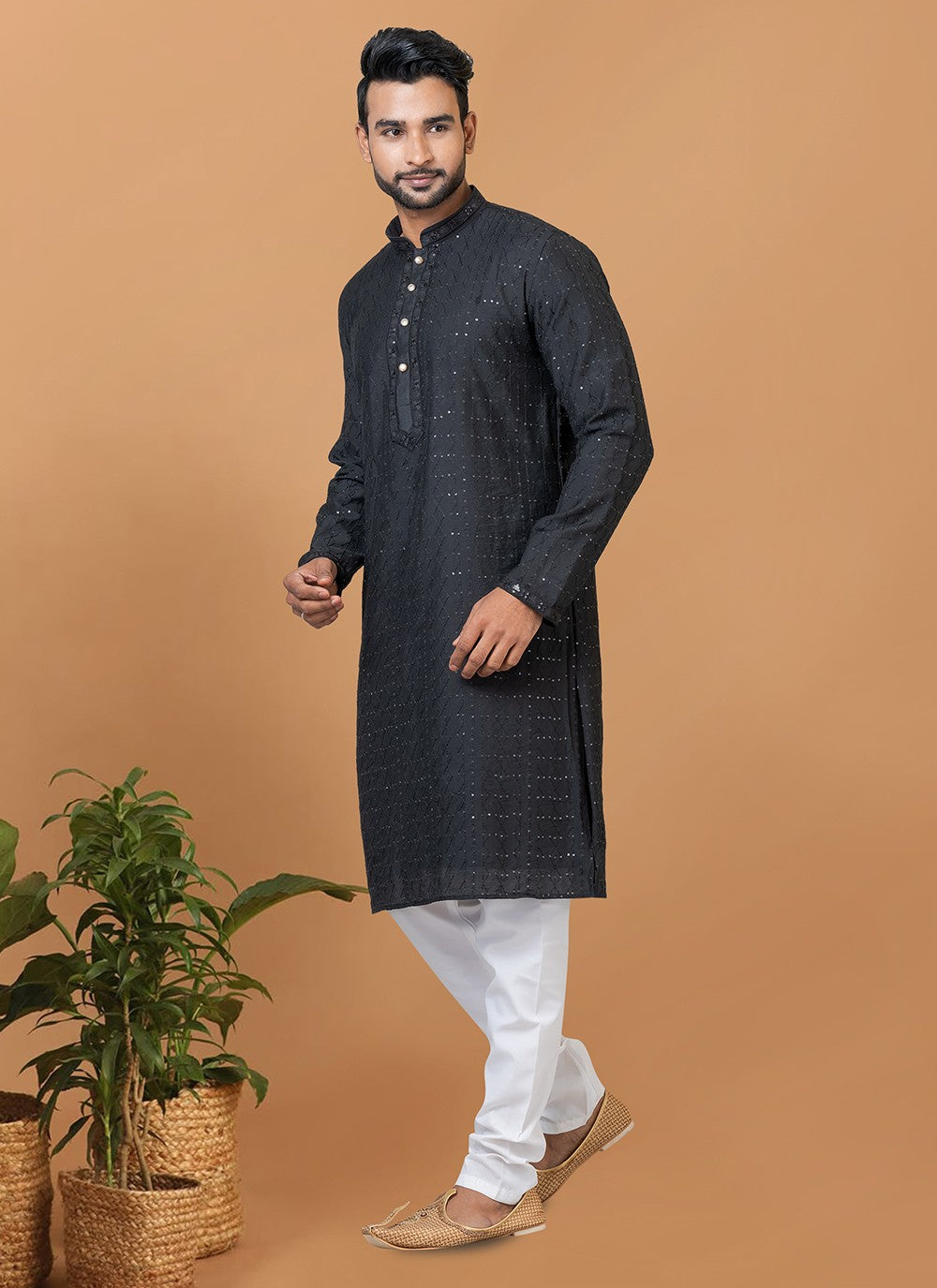 Embroidered Cotton , Viscose Black Kurta Pyjama - M6344