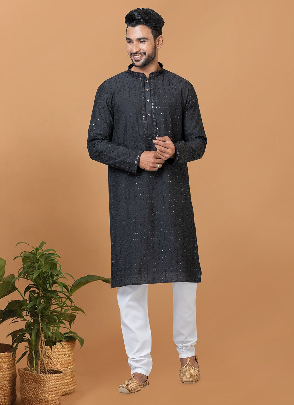 Embroidered Cotton , Viscose Black Kurta Pyjama - M6344