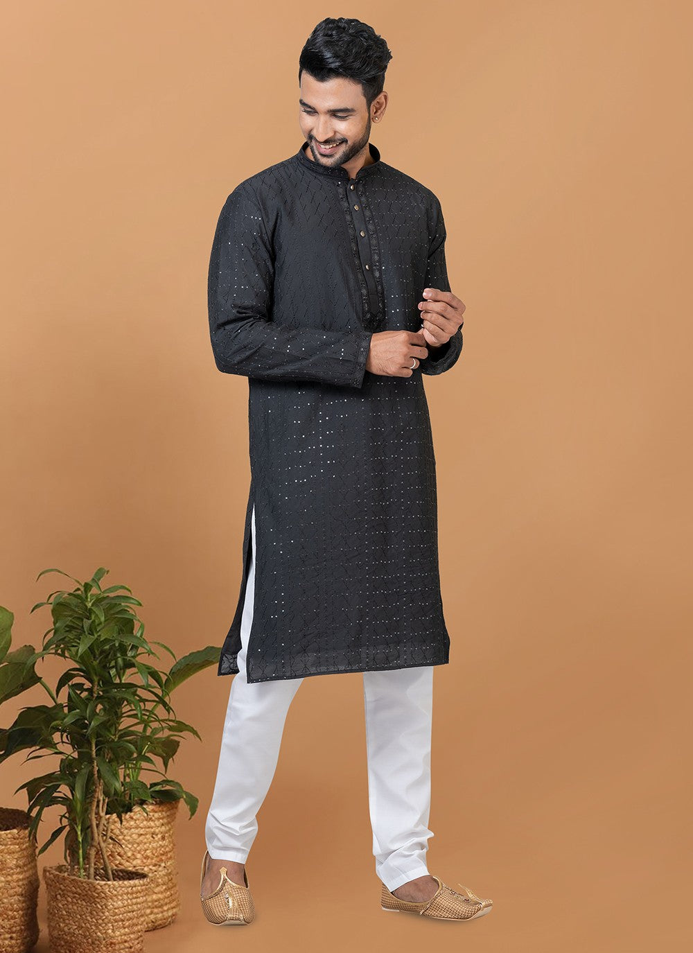 Embroidered Cotton , Viscose Black Kurta Pyjama - M6344