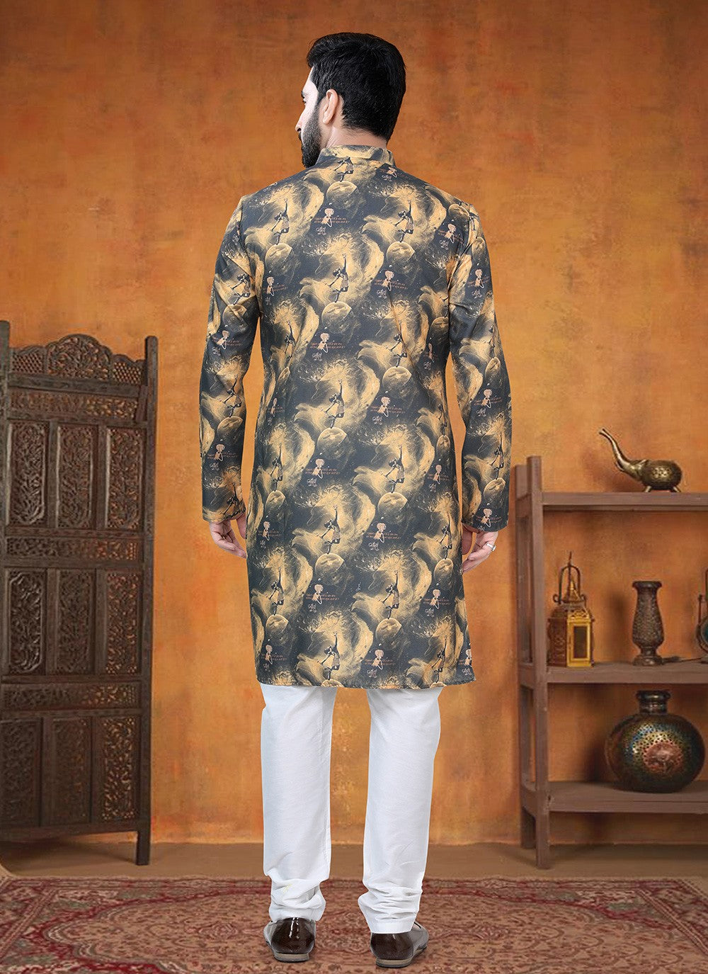 Printed Cotton Black, Yellow Kurta Pyjama - M8794