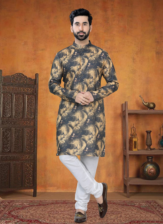 Printed Cotton Black, Yellow Kurta Pyjama - M8794