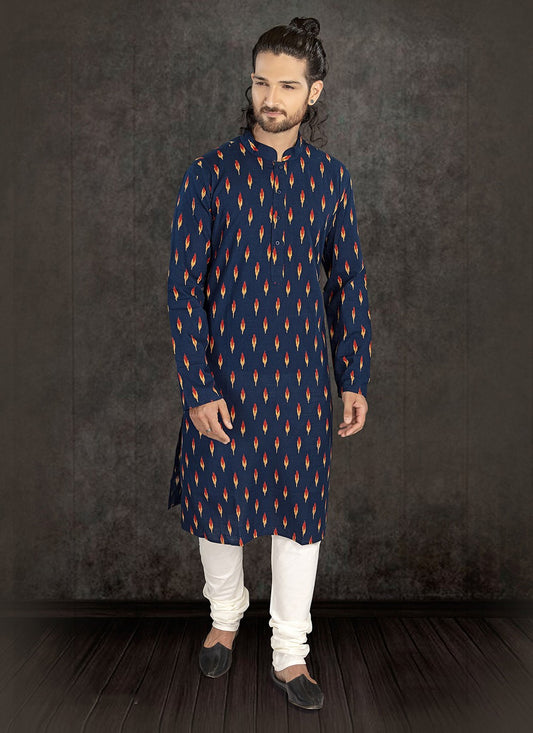 Printed Cotton Blue Kurta Pyjama - M2169