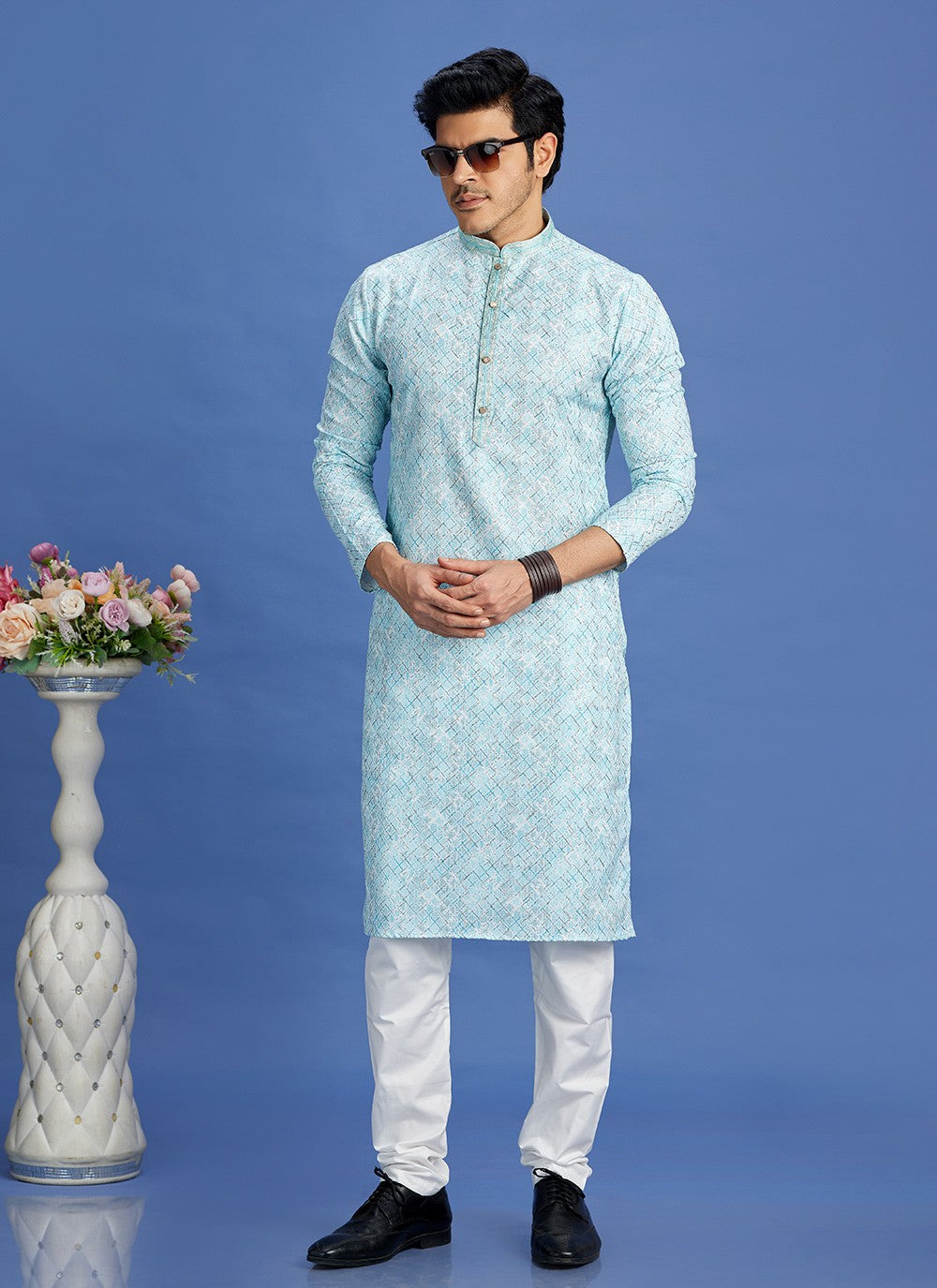 Digital Print Cotton Blue Kurta Pyjama - M6943