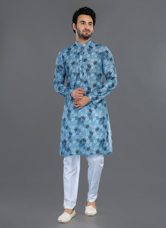 Printed Cotton Blue Kurta Pyjama - M8068