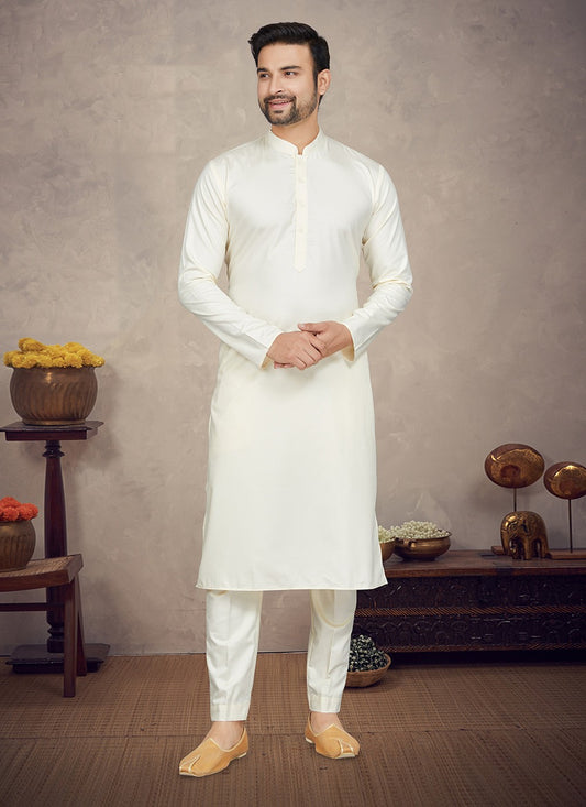 Plain Cotton Cream Kurta Pyjama - M5855