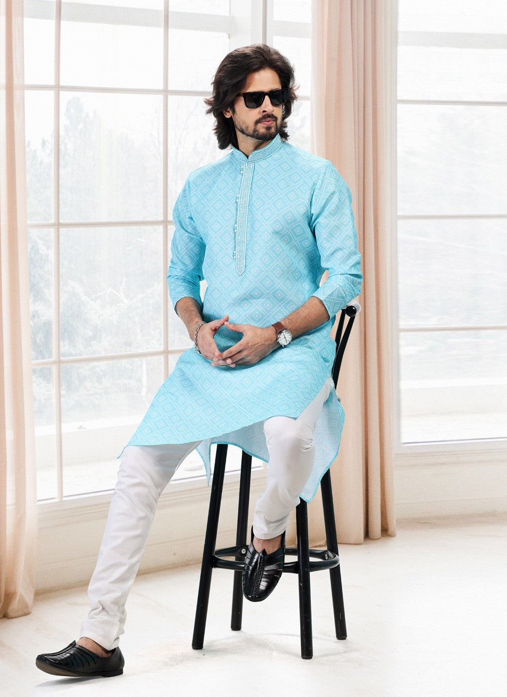 Fancy Work Cotton Firozi Kurta Pyjama - M5120