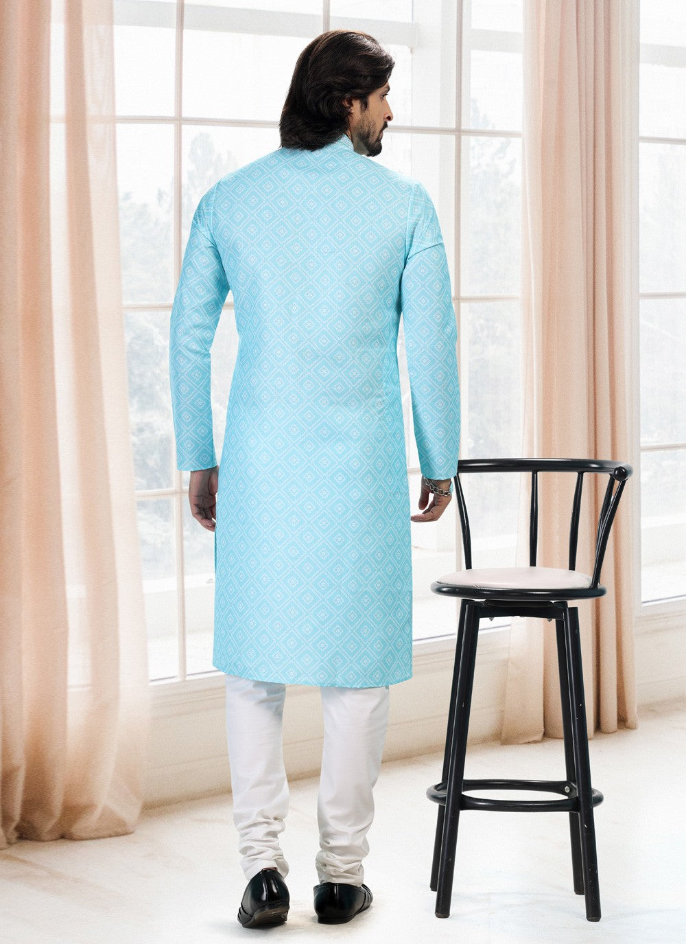 Fancy Work Cotton Firozi Kurta Pyjama - M5120