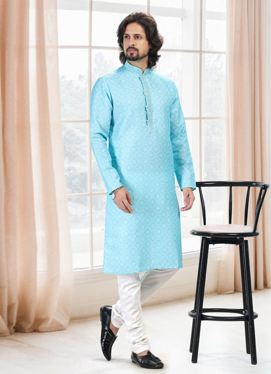 Fancy Work Cotton Firozi Kurta Pyjama - M5120