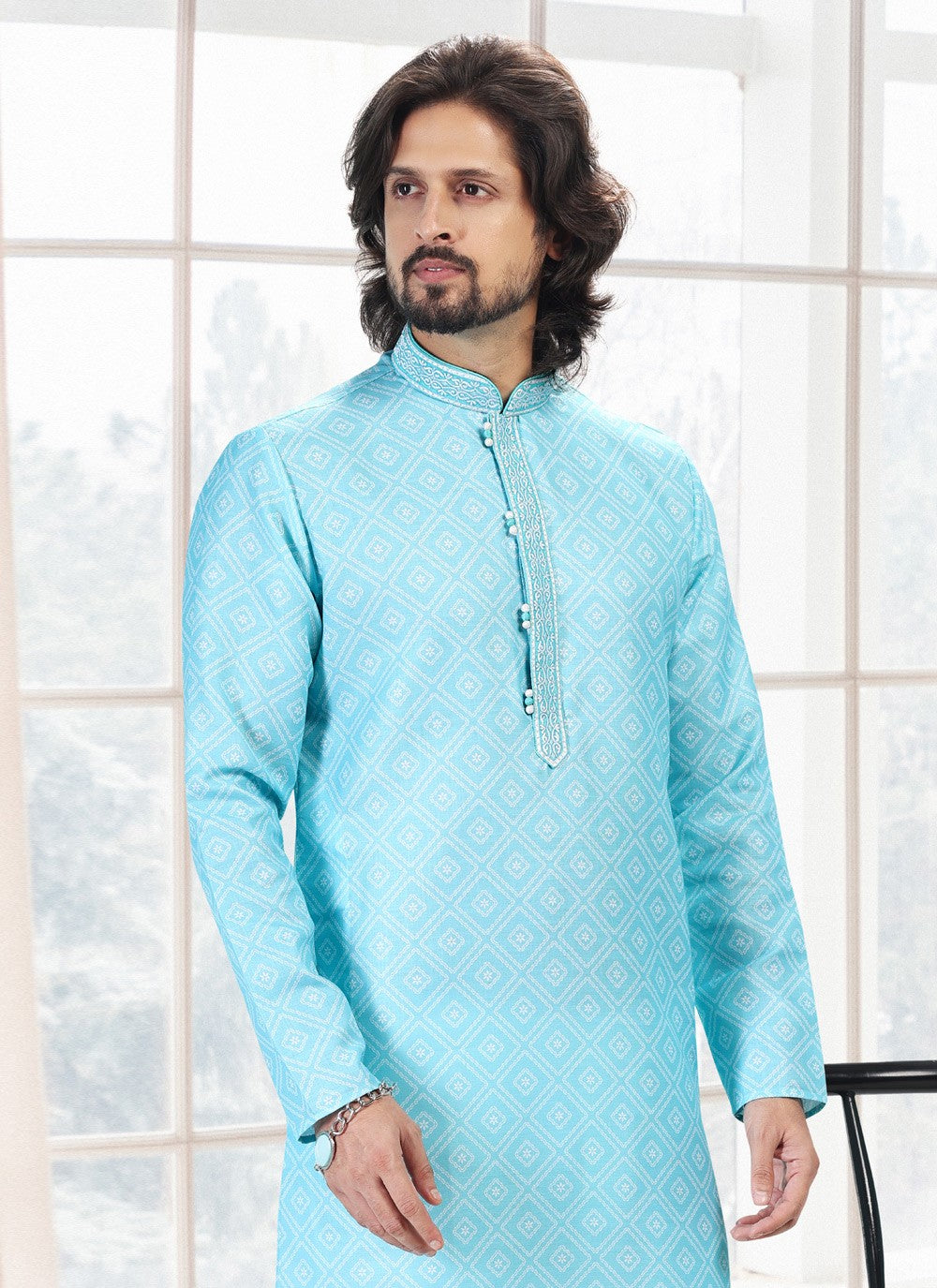 Fancy Work Cotton Firozi Kurta Pyjama - M5120