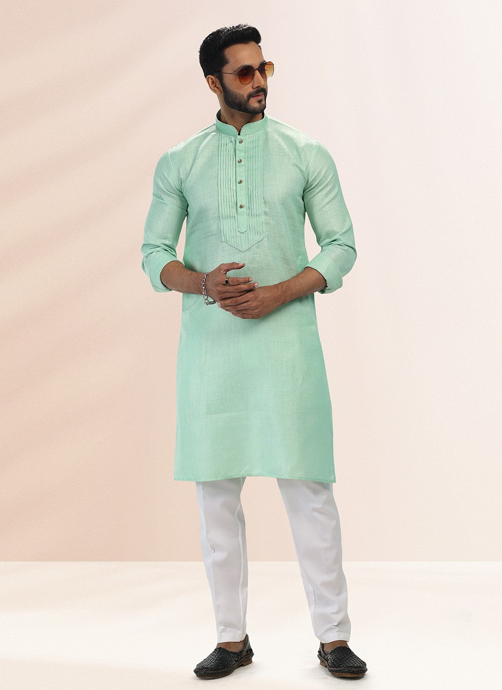 Plain Cotton , Linen Green Kurta Pyjama - M4906