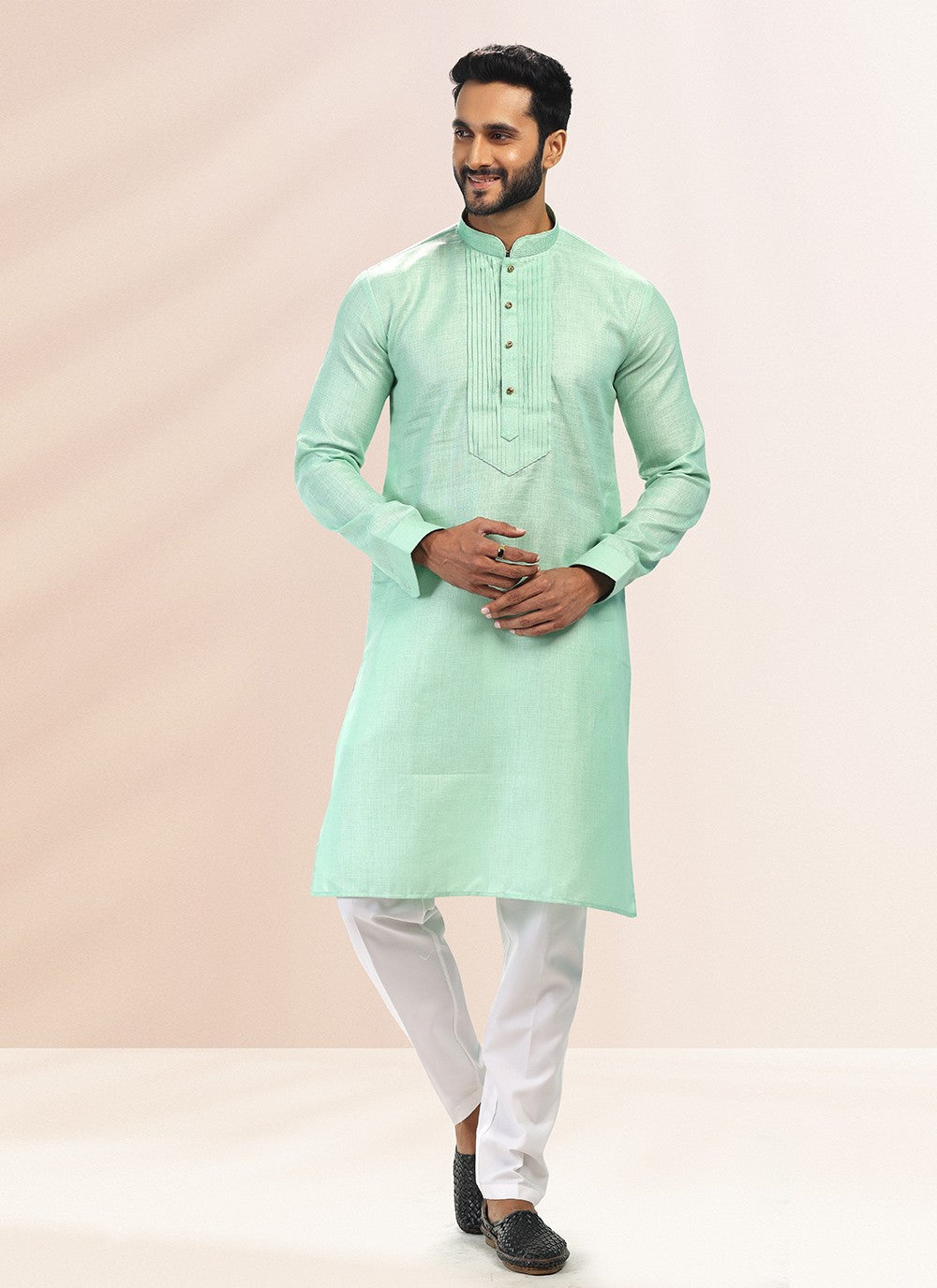 Plain Cotton , Linen Green Kurta Pyjama - M4906