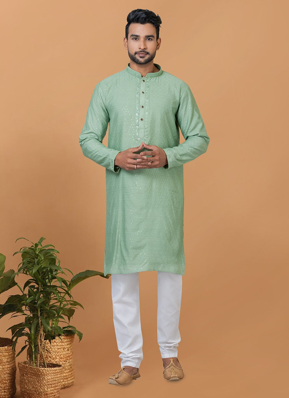 Embroidered Cotton , Viscose Green Kurta Pyjama - M6349