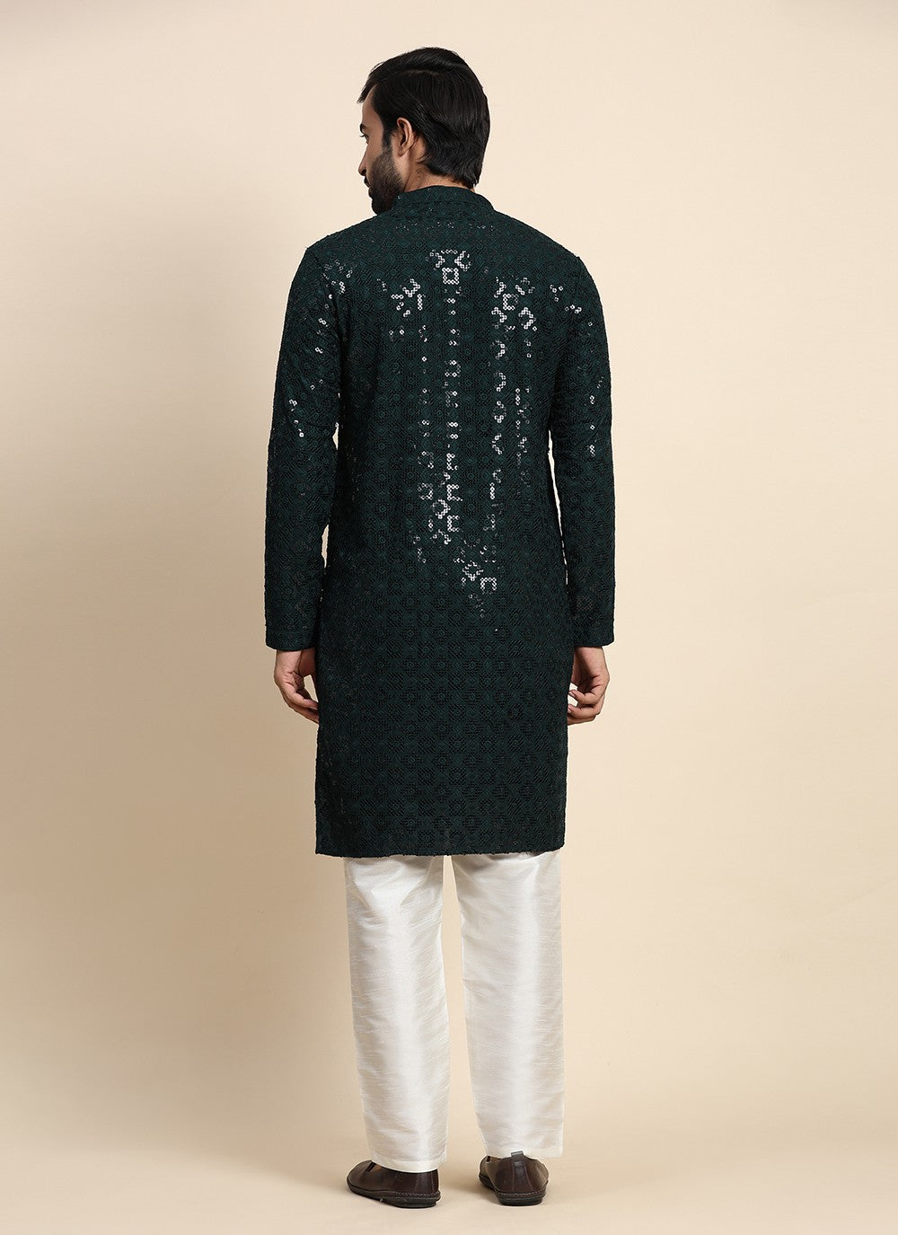 Chikankari Work Cotton Green Kurta Pyjama - M8451