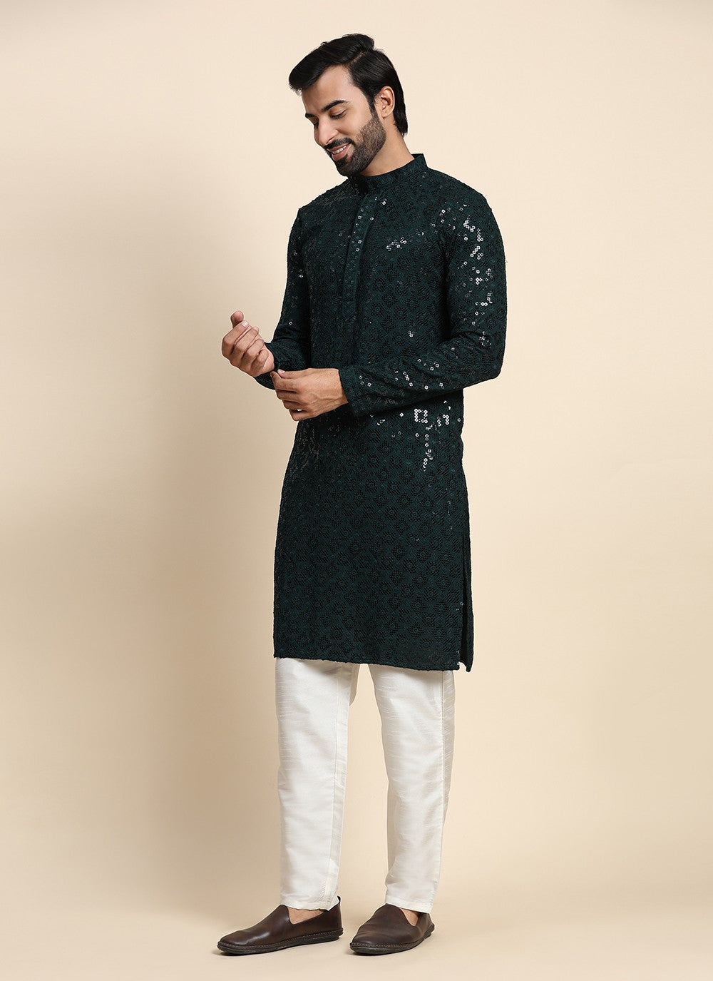 Chikankari Work Cotton Green Kurta Pyjama - M8451