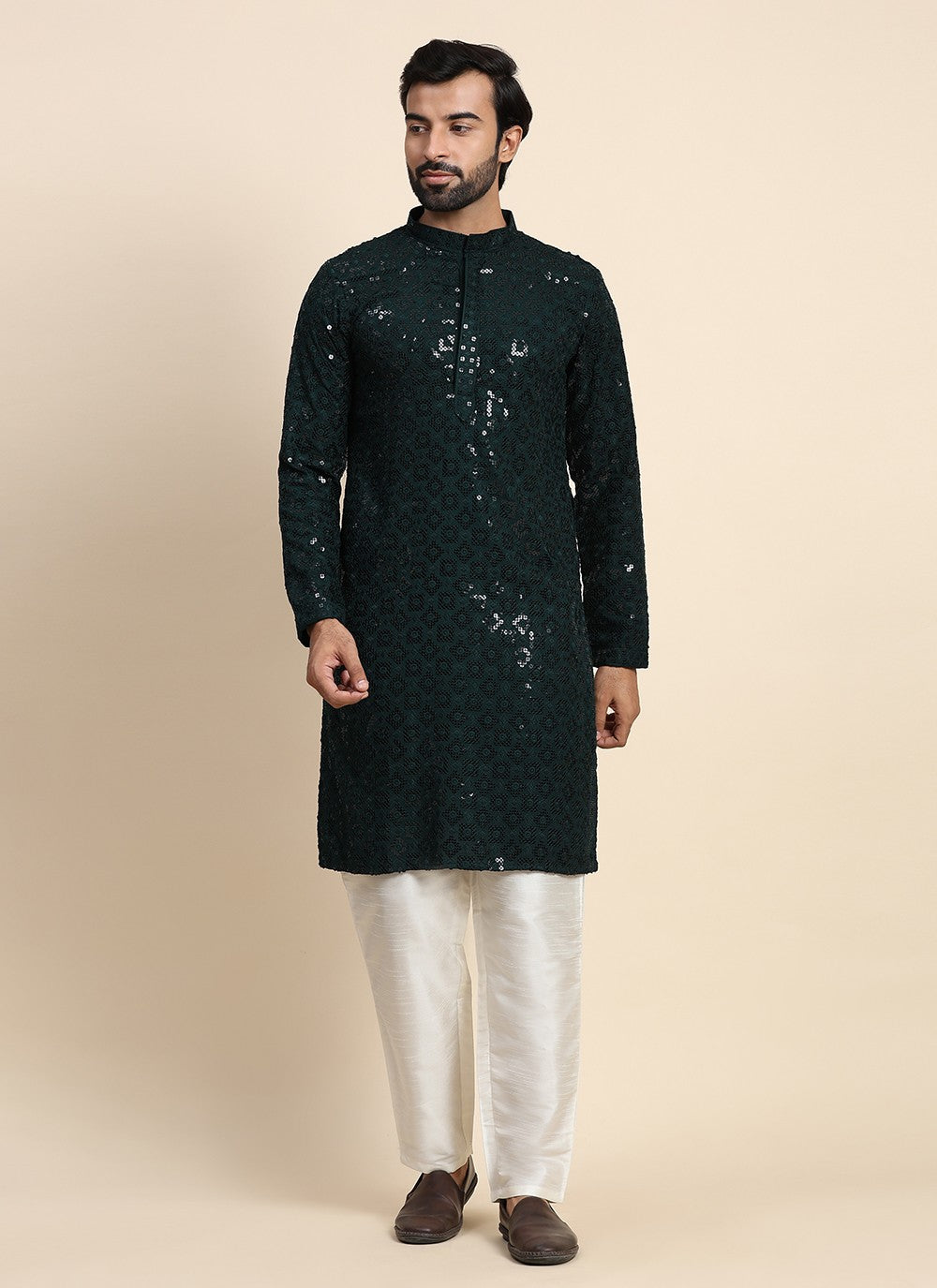 Chikankari Work Cotton Green Kurta Pyjama - M8451