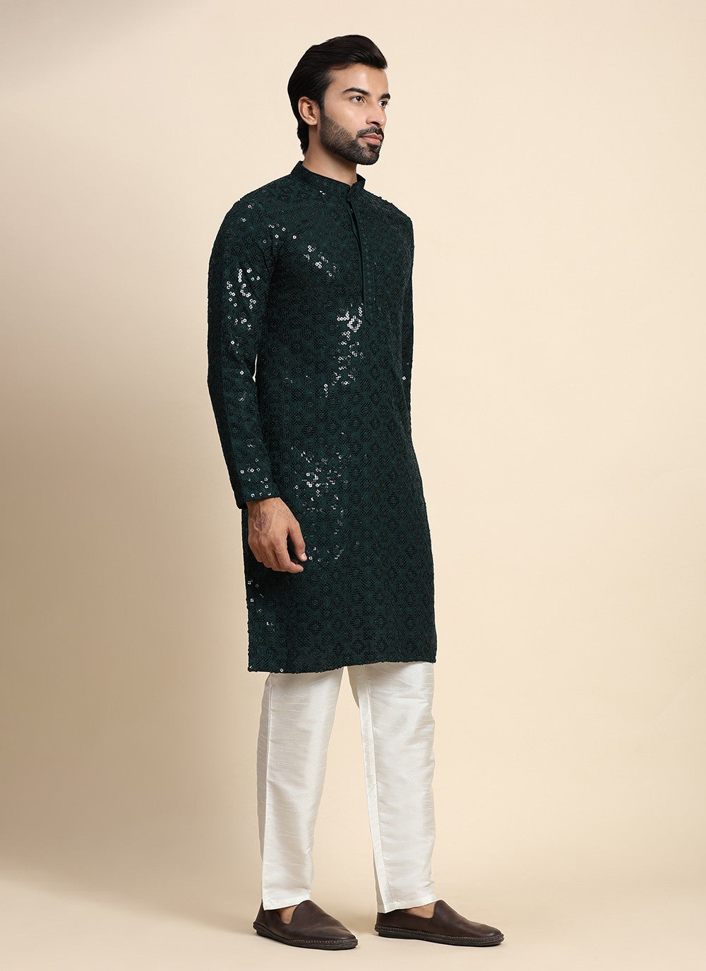 Chikankari Work Cotton Green Kurta Pyjama - M8451