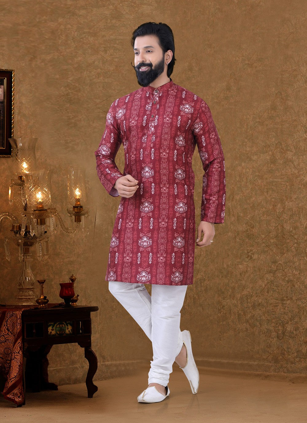 Digital Print Cotton Maroon Kurta Pyjama - M3939