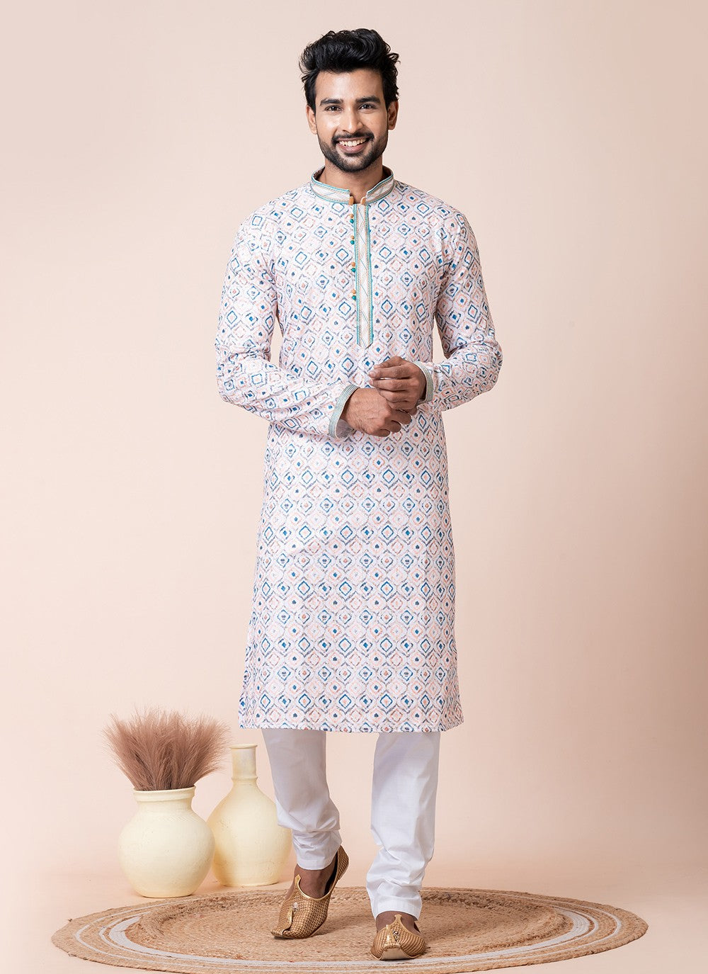 Printed Cotton Multi Colour Kurta Pyjama - M8571