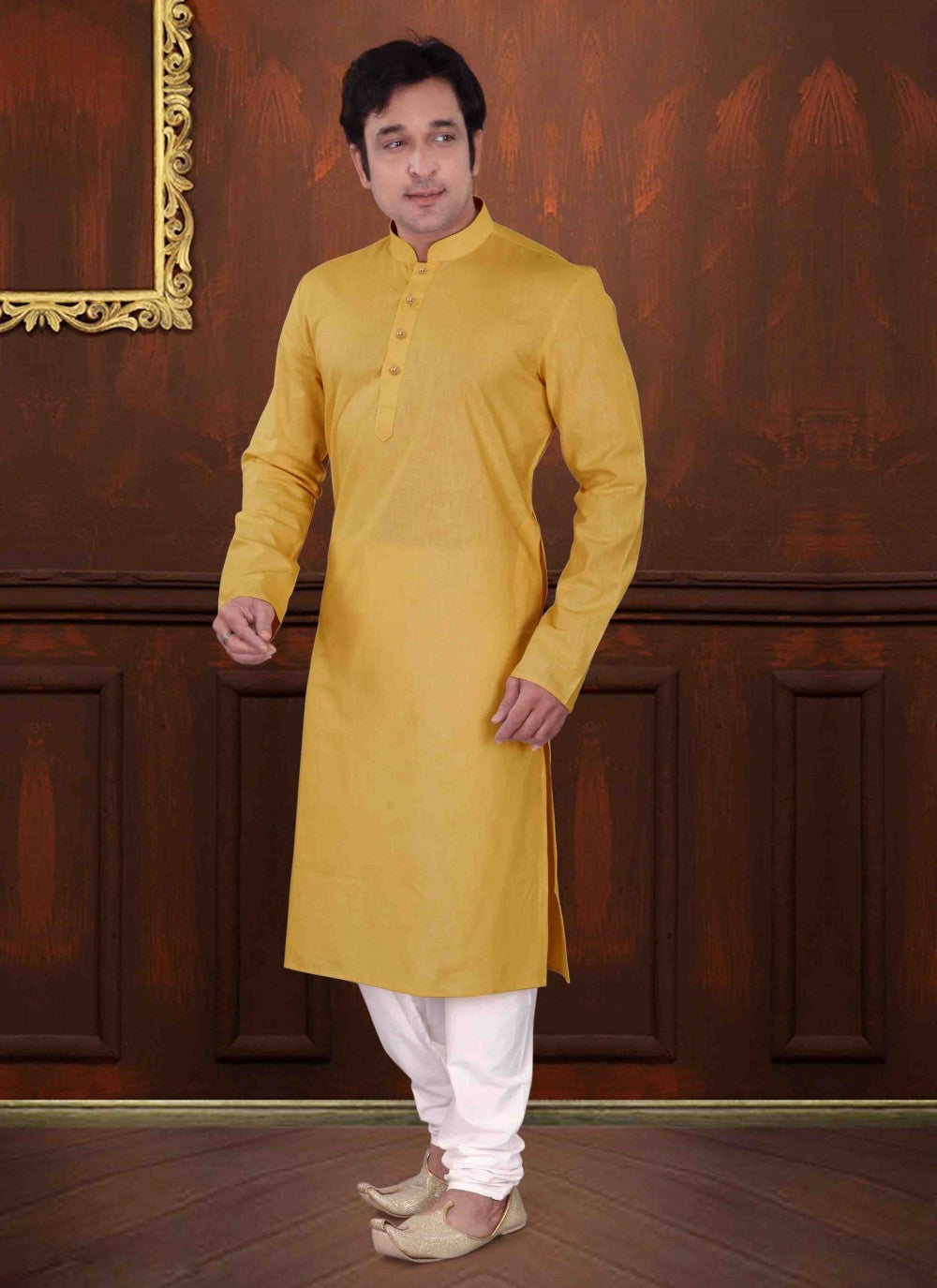 Plain Cotton Mustard Kurta Pyjama - M1562