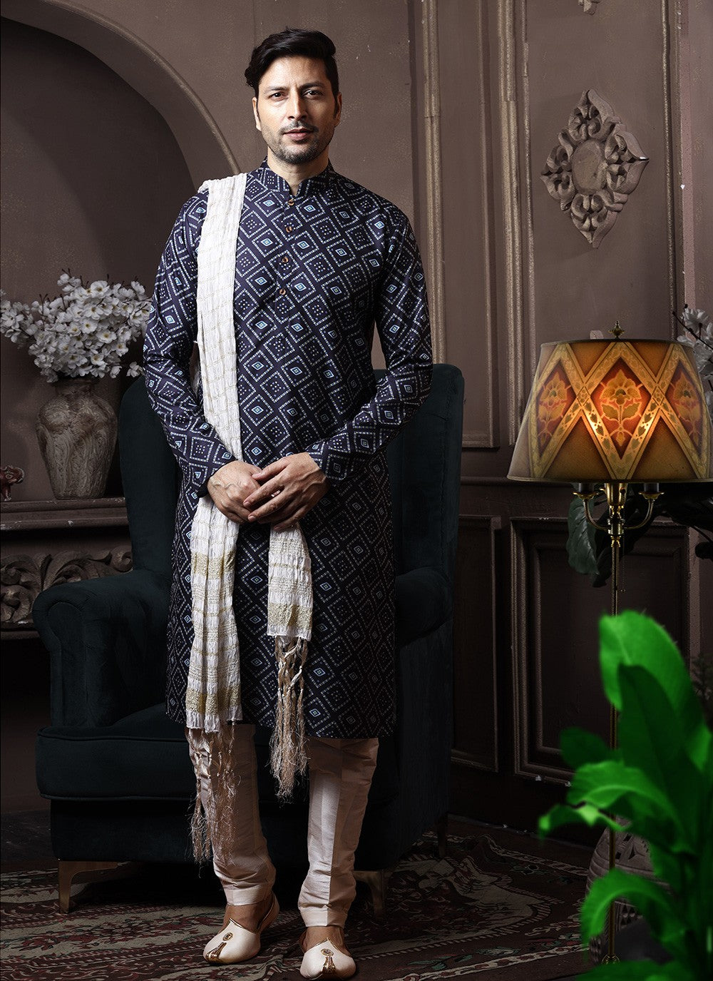 Printed Cotton Navy Blue Kurta Pyjama - M3605