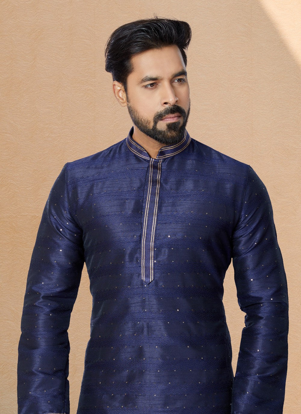 Jacquard Work Cotton , Jacquard Navy Blue Kurta Pyjama - M4954