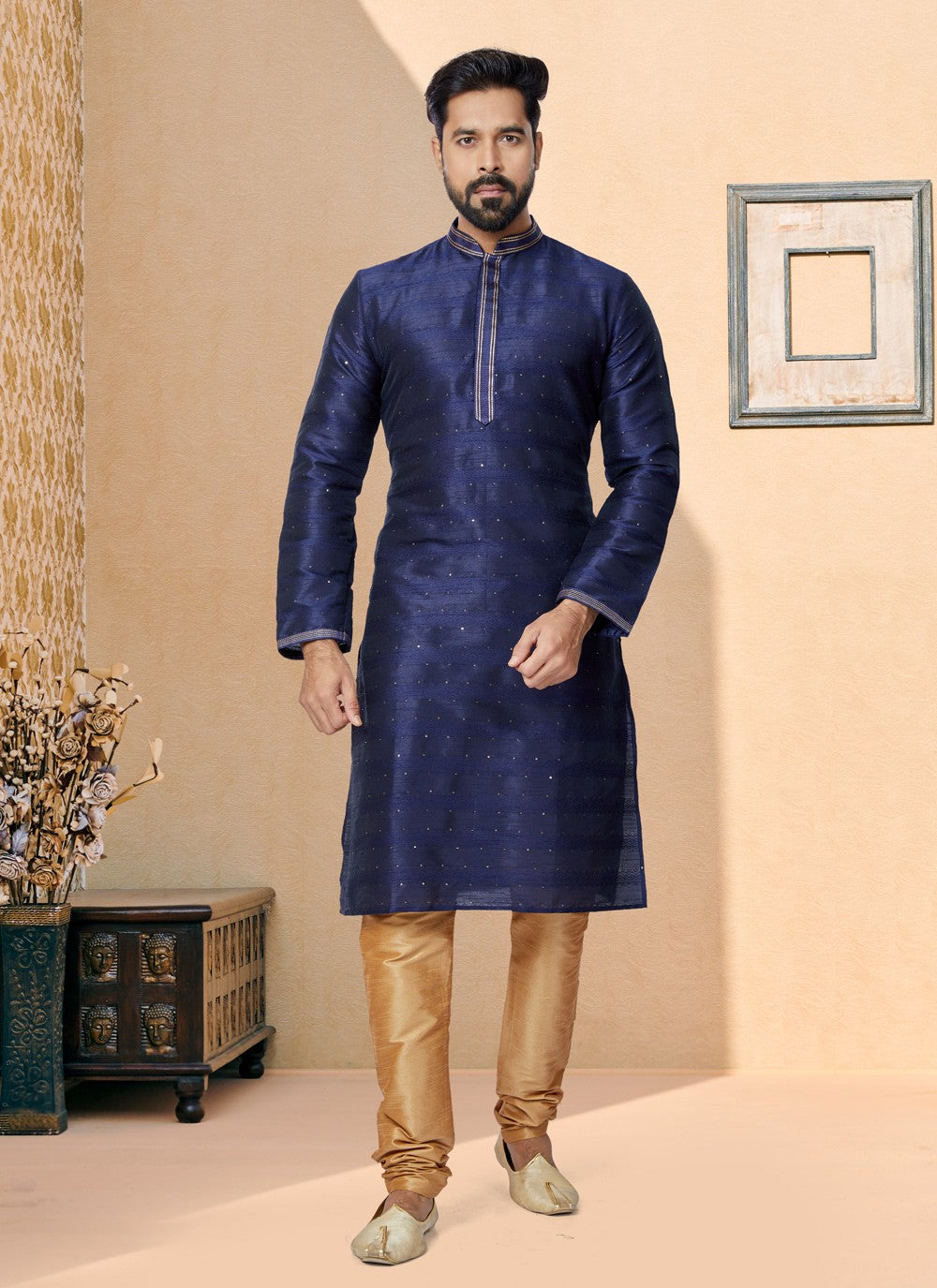 Jacquard Work Cotton , Jacquard Navy Blue Kurta Pyjama - M4954